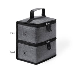 A cooler bag with a dual compartment featuring a zippered design, in a charcoal grey colour, with a handle on top.