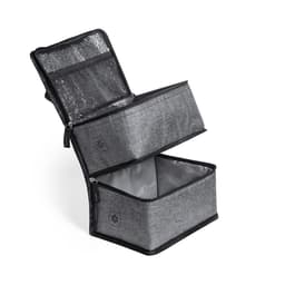 A grey cooler bag with two compartments and a mesh top, featuring a logo.