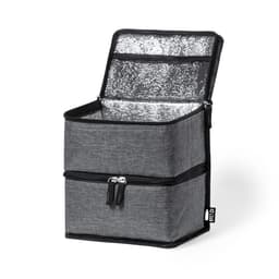 A grey cooler bag with a zipped opening, featuring a silver insulated interior and a logo on the side.