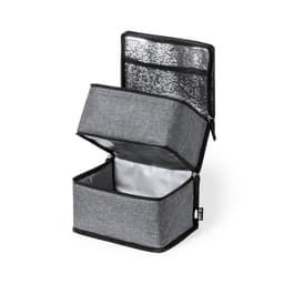 A grey cooler bag with a silver insulated interior and a zippered opening. It features a logo design.