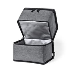 A grey cooler bag with a zippered opening, featuring a silver-lined interior and a branding tag.