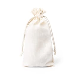 A drawstring bag in cream colour, made of natural fabric, featuring a simple design and a logo.