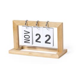 A tabletop calendar featuring a wooden frame with three flip cards displaying the month and day in bold black text.