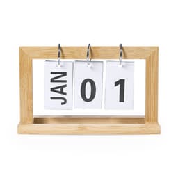 A bamboo desk calendar displaying the month and day with white cards and bold black numbers.