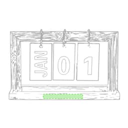 A wooden perpetual calendar with flip-style date and month displays in white and green. It features a simple design and includes a logo.