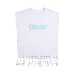 A white dress featuring a light blue "Grazie!" print and decorative tassels at the bottom. It has a loose, comfortable fit.