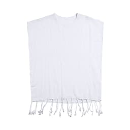 A white dress with tassel detailing at the bottom, featuring a loose, relaxed fit and a round neckline.