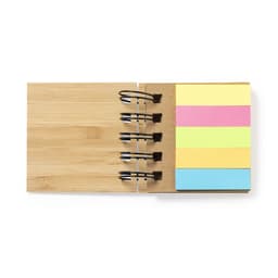 A bamboo notebook with adhesive sticky notes in pink, yellow, green, and blue. Includes metal rings for binding.