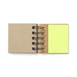 A spiral-bound notebook with a kraft cover and a yellow sticky note on one side. It includes metal rings.