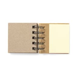A kraft notebook with a ring binder, featuring blank pages and sticky notes on the right side.