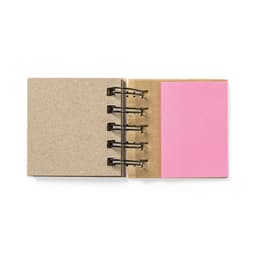 A Feros Notebook featuring a plain brown cover with a pink sticky note section and metal binding.