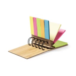 A colourful Feros Notebook with sticky notes in pink, yellow, green, and blue, featuring a bamboo base and ring binding.