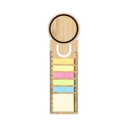 A bamboo ruler with a circular top, featuring six sticky note sections in yellow, pink, blue, and cream. It has a logo.