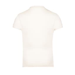 A plain cream organic women's t-shirt with a fitted design and short sleeves, featuring a logo on the back.