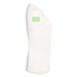 A white organic women's t-shirt with a green label on the shoulder.