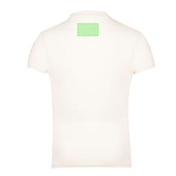 A cream-coloured women's T-shirt with a round neck and a logo on the back.
