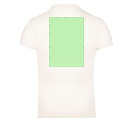 A cream-coloured women's T-shirt featuring a blank green area on the back and a logo on the front.