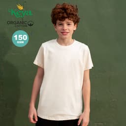 A child wearing a cream organic cotton T-shirt in front of a green background, featuring a logo.