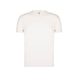 A plain white organic kids' T-shirt with short sleeves and a branding logo on the neck.