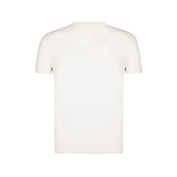 A plain white children's T-shirt with short sleeves, featuring a logo on the back.