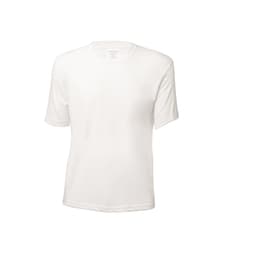 A plain white organic T-shirt designed for kids, featuring short sleeves and a simple style. It has a logo on the inside.