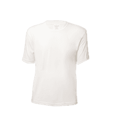 A white short-sleeved kids' t-shirt with a round neckline and a subtle logo.