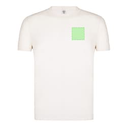 An organic kids' T-shirt in cream with a green outlined design on the front and a logo on the neckline.
