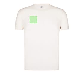 A cream organic cotton T-shirt featuring a square area on the front and a logo on the collar.