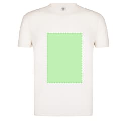 A cream organic cotton kids' t-shirt with a green rectangular design area and a logo.