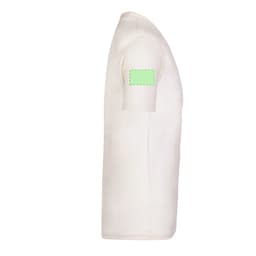 A cream organic children's T-shirt with a blank green label on the sleeve. Designed for casual wear.