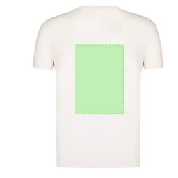 A white organic kids' t-shirt featuring a rectangular green design area on the back. The shirt has a logo.