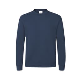 A navy blue hoodie with a classic design and ribbed cuffs, featuring a logo on the front.