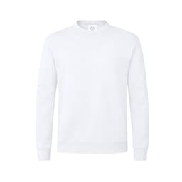 A white jumper featuring long sleeves and a round neckline, with a small logo on the front.