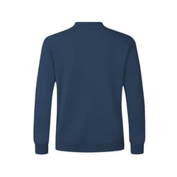 A navy blue hoodie with a plain back design, featuring long sleeves and a crew neck. It has a branded logo.