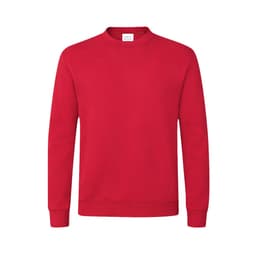 A red hoodie featuring a crew neck design and long sleeves, with a logo on the front.