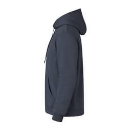 A navy hoodie with a front pocket and drawstring hood, featuring a logo on the chest area.