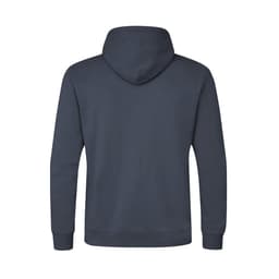 A navy hoodie with a hood and long sleeves, featuring a plain back design. It has a logo on the front.