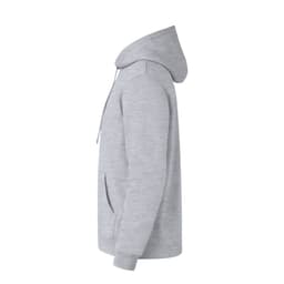 A grey hoodie with a spacious hood and front pockets, featuring a logo on the chest.