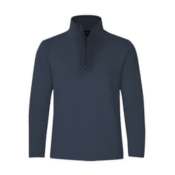 A navy polar fleece jacket with a half-zip collar and long sleeves, featuring a branding logo.