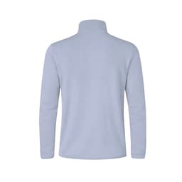 A polar fleece jacket in light blue, featuring a high collar and long sleeves. It has a logo on the back.