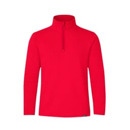 A red polar fleece jacket with a half-zip collar and long sleeves. It features a logo on the lower hem.