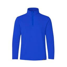 A polar fleece jacket in vibrant blue with a zip collar and long sleeves. Features a logo on the design.