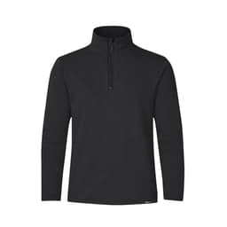 A black polar fleece jacket featuring a half-zip neckline and long sleeves, with a logo at the hem.