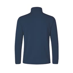 A navy blue polar fleece jacket with a high collar and long sleeves. It features a logo on the back.