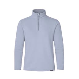 A light blue polar fleece jacket with a quarter zip and long sleeves, featuring a small logo on the hem.