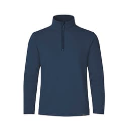 A polar fleece jacket in navy blue with a high collar and a quarter-zip design, featuring a branding logo.