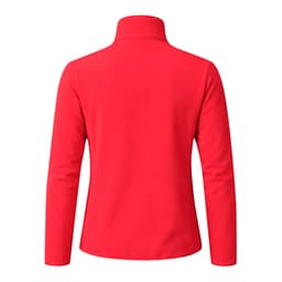 A red soft shell jacket with a high collar and long sleeves, featuring a plain design and a branding logo.