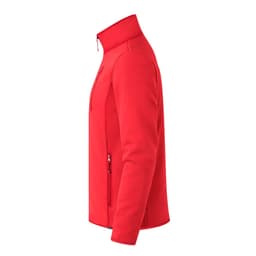 A red soft shell jacket with a high collar and zippered pockets, featuring a logo.