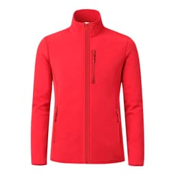 A soft shell jacket in vibrant red featuring a full zip and multiple zipped pockets. It has a logo.