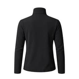 A black soft shell jacket featuring a high collar and long sleeves. It has a logo on the back.
